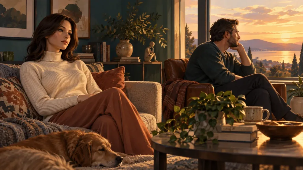 Editorial illustration of an adult companion doll and a thoughtful man in a warmly lit living room.