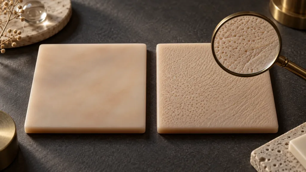 Smooth and textured material samples under a magnifying lens