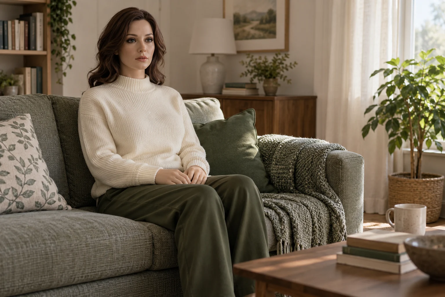 AI-created illustration of a fully clothed adult companion doll seated in a softly lit living room.