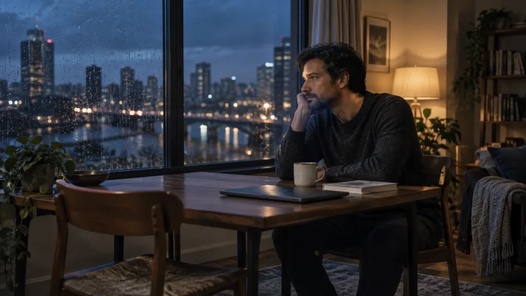 AI-generated conceptual image of an adult man sitting beside a rain-covered apartment window at dusk.