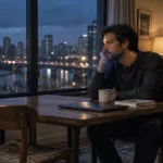 When Reality Hurts: Men’s Loneliness Around the World and Love Dolls AI-generated conceptual image of an adult man sitting beside a rain-covered apartment window at dusk.